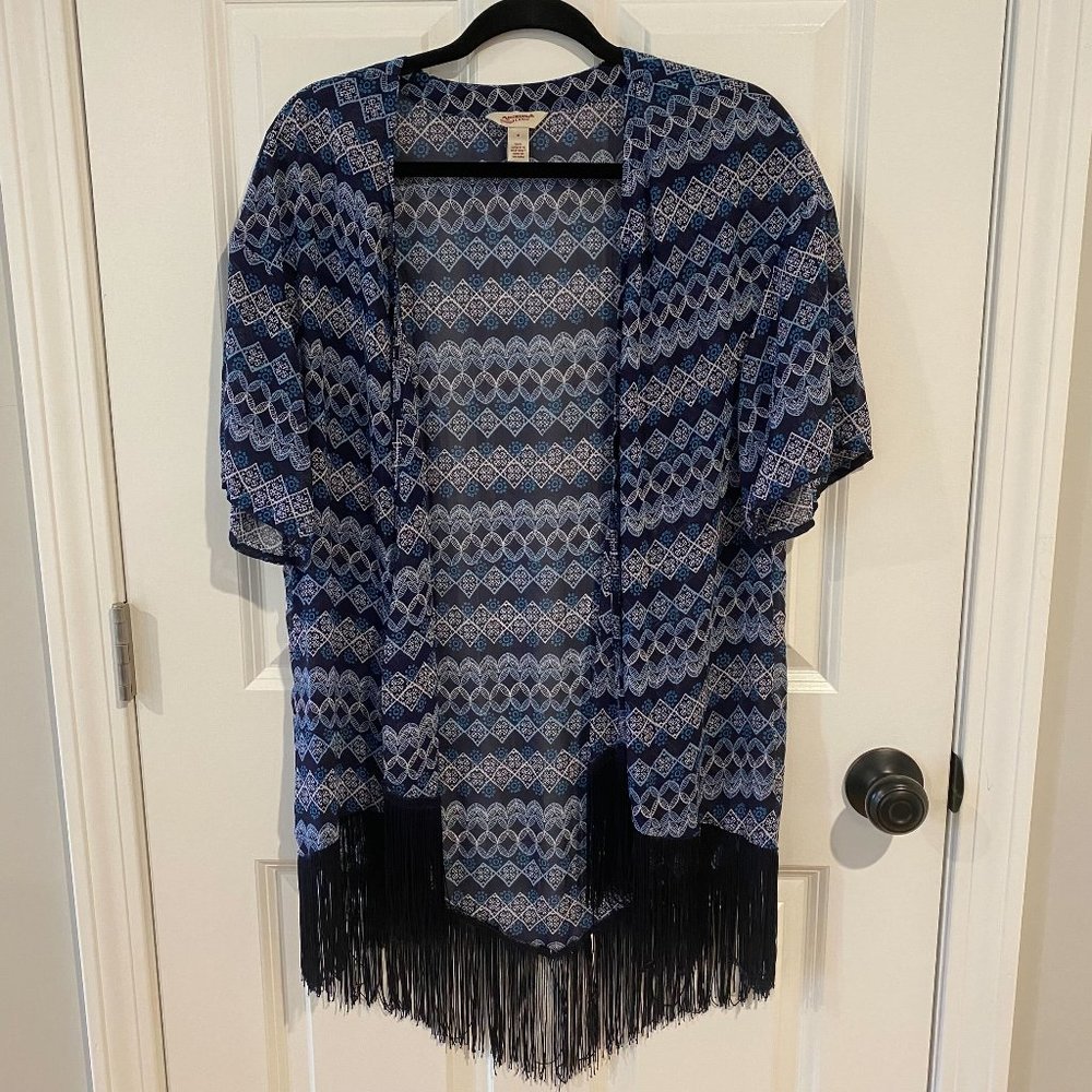 Arizona Jean Navy Open Front Fringe Kimono‎ Duster - Size Medium